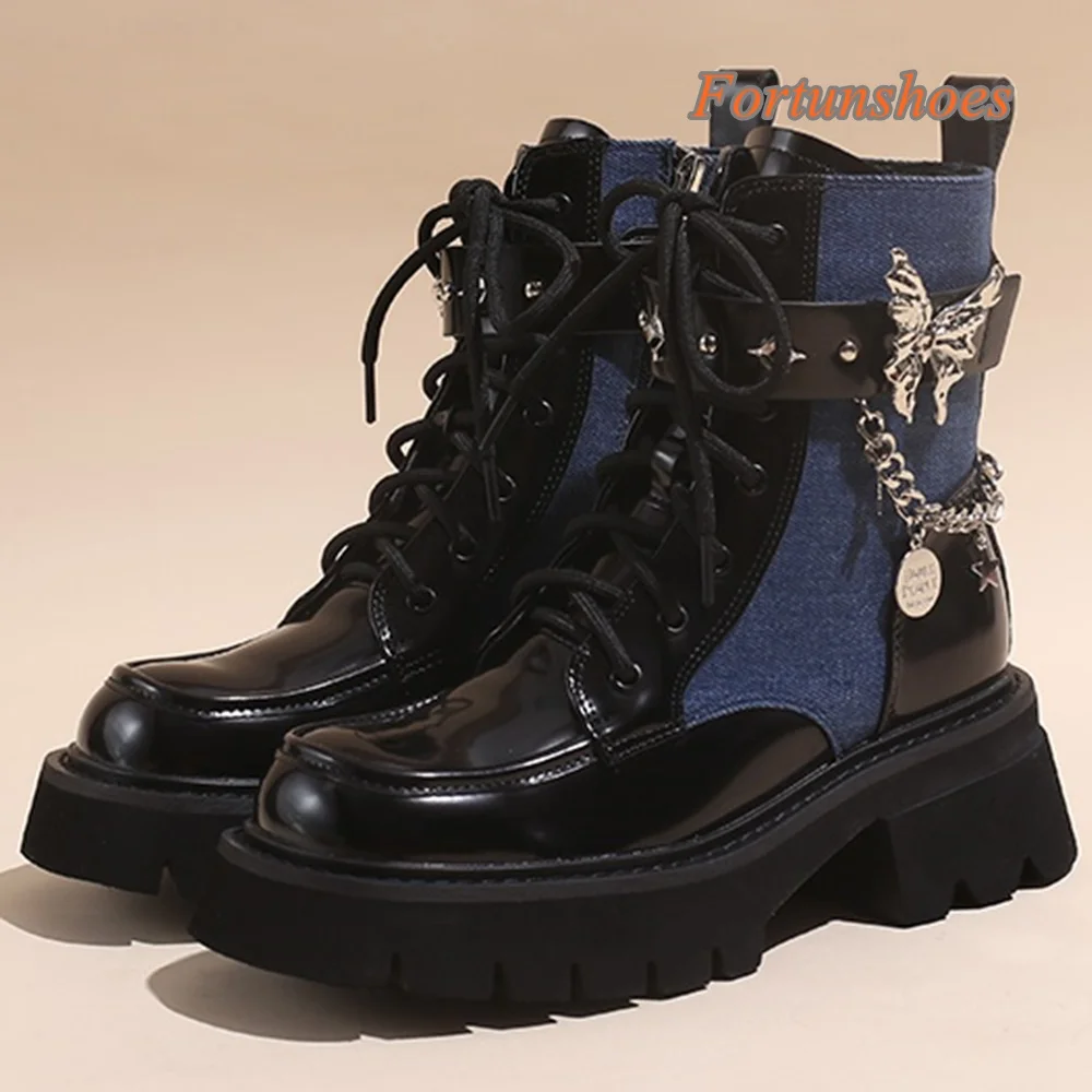 

Butterfly Knot Patchwork Women Boots Chain Metal Decoration Round Toe Chunky Heel Boots Fashion Casual 2025 Newest Autumn Boots