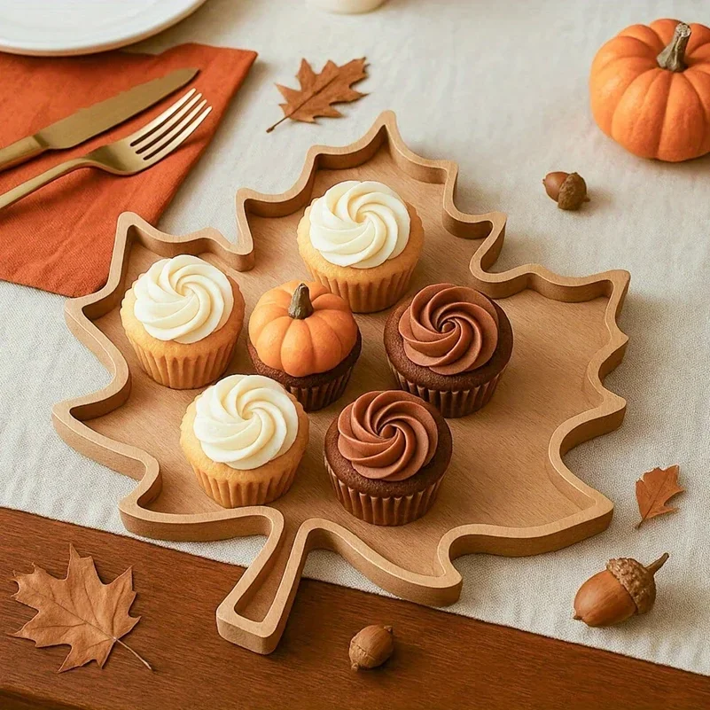 Wooden Maple Leaf Tray Grooved Solid Wood Storage Plate Autumn Thanksgiving Decoration