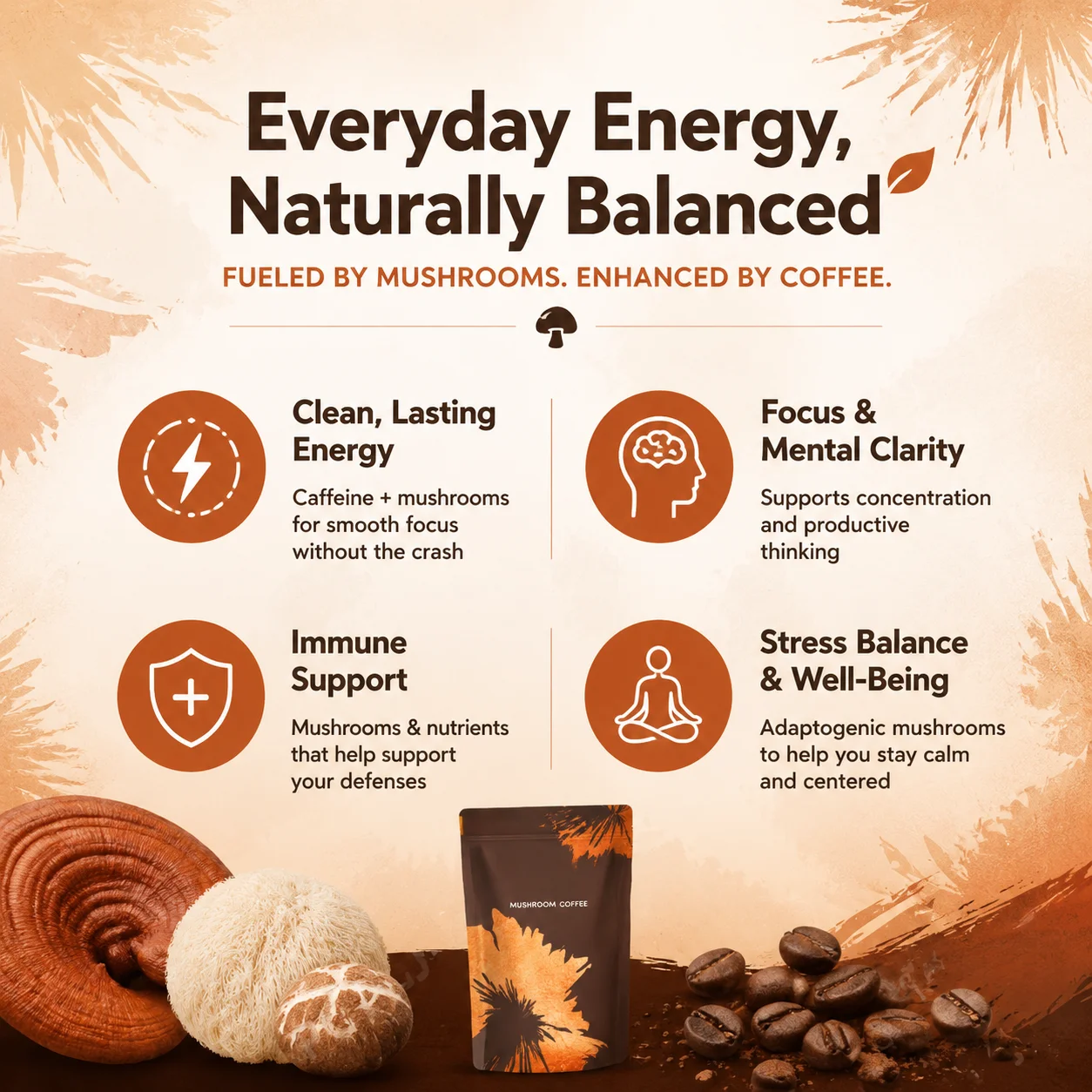 Organic Mushroom Coffee - Lion's Mane, Reishi & MCT Oil - Focus & Clean Energy Support - 30 Servings, Vegan & Gluten-Free