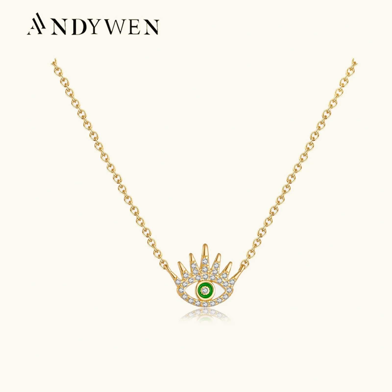 

ANDYWEN 925 Sterling Silver Gold Happy Evil Eye Green Pendant Long Chain Necklace 2023 Women luxury Fine Jewelry Spring