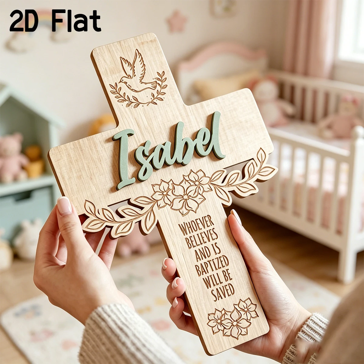 Personalized Wooden Cross Baptism Name Plaque,Dove Floral Engraved Bible Verse Decor,Christian Baptized Keepsake Gift for Girl