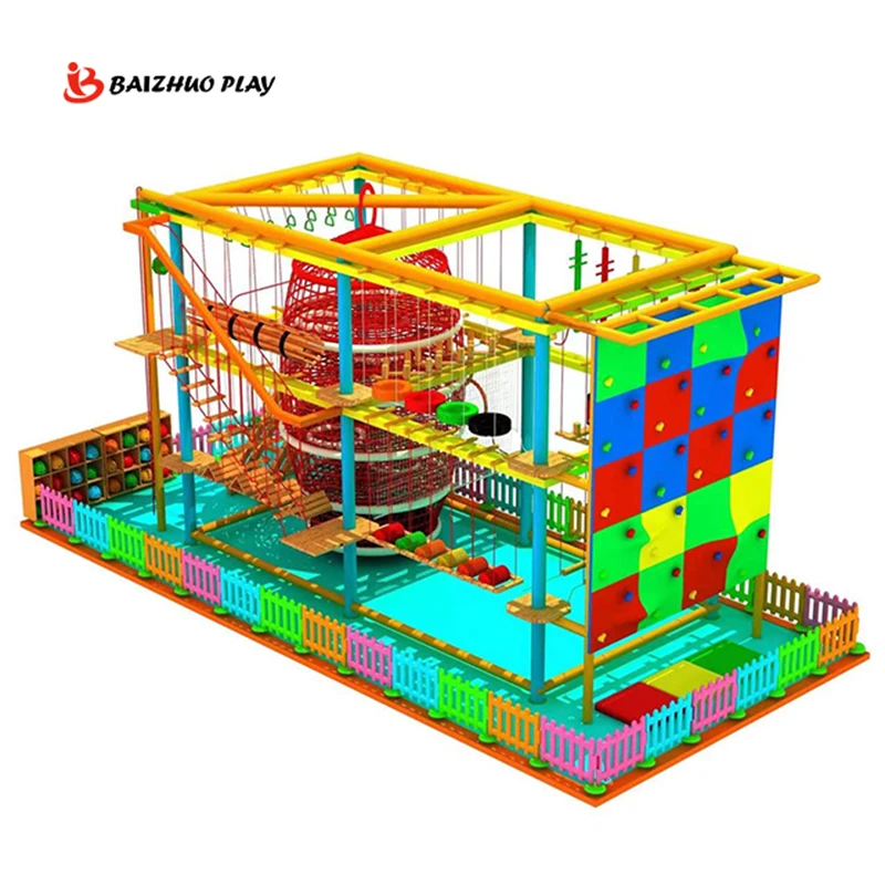 Parque infantil indoor de alta resistência, aço, pinho de madeira, PP e corda estática, curso múltiplo para crianças e adultos, venda quente