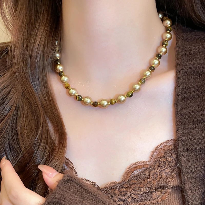 Maillard natürliche Tigerauge-Champagner-Perlen-Perlen-Halskette für 2024, Modeschmuck, Damen-Sexy-Pullover-Kette, Hals-Accessoires – Detail 15