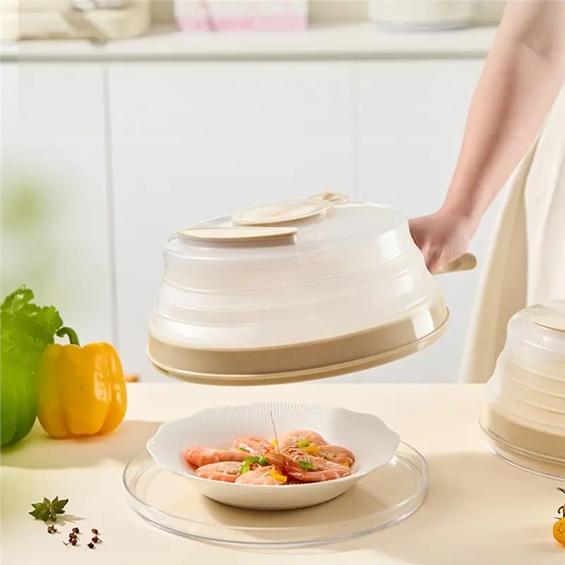 LITE-Microwave Splatter Cover With Handle And Seasoning Groove, Collapsible For Food With Base Plate
