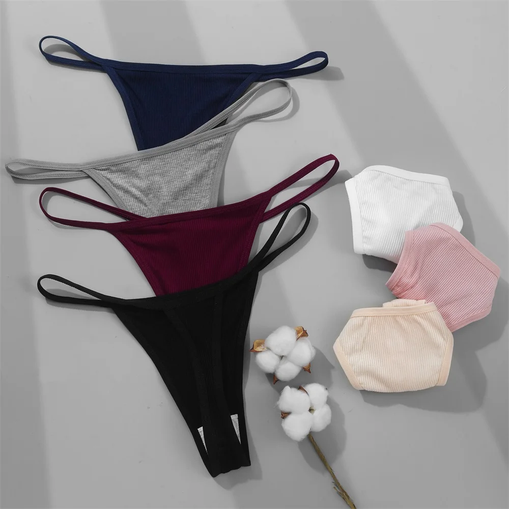 Women Sexy Panties Screw Thread Cotton Thongs Female Thin Belt G-strings Underwear Soft Breathable T-back Solid Lingerie