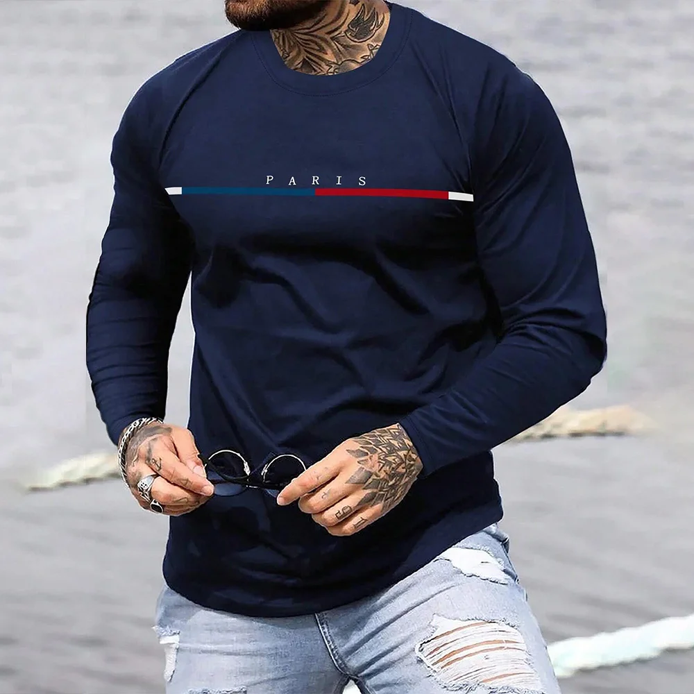 

Men's Fashion Striped Printed Solid-Color Shirt Round-Neck Long-Sleeved T-Shirt Sweatshirt Men's Simple Style Top