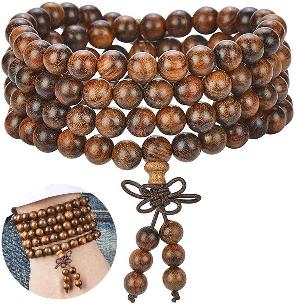 6mm Natural Sandalwood Buddhist Buddha Wooden Beads Bracelets Knot Pendant 4-Layer Wrist Chain Men Women Bracelet Bangles