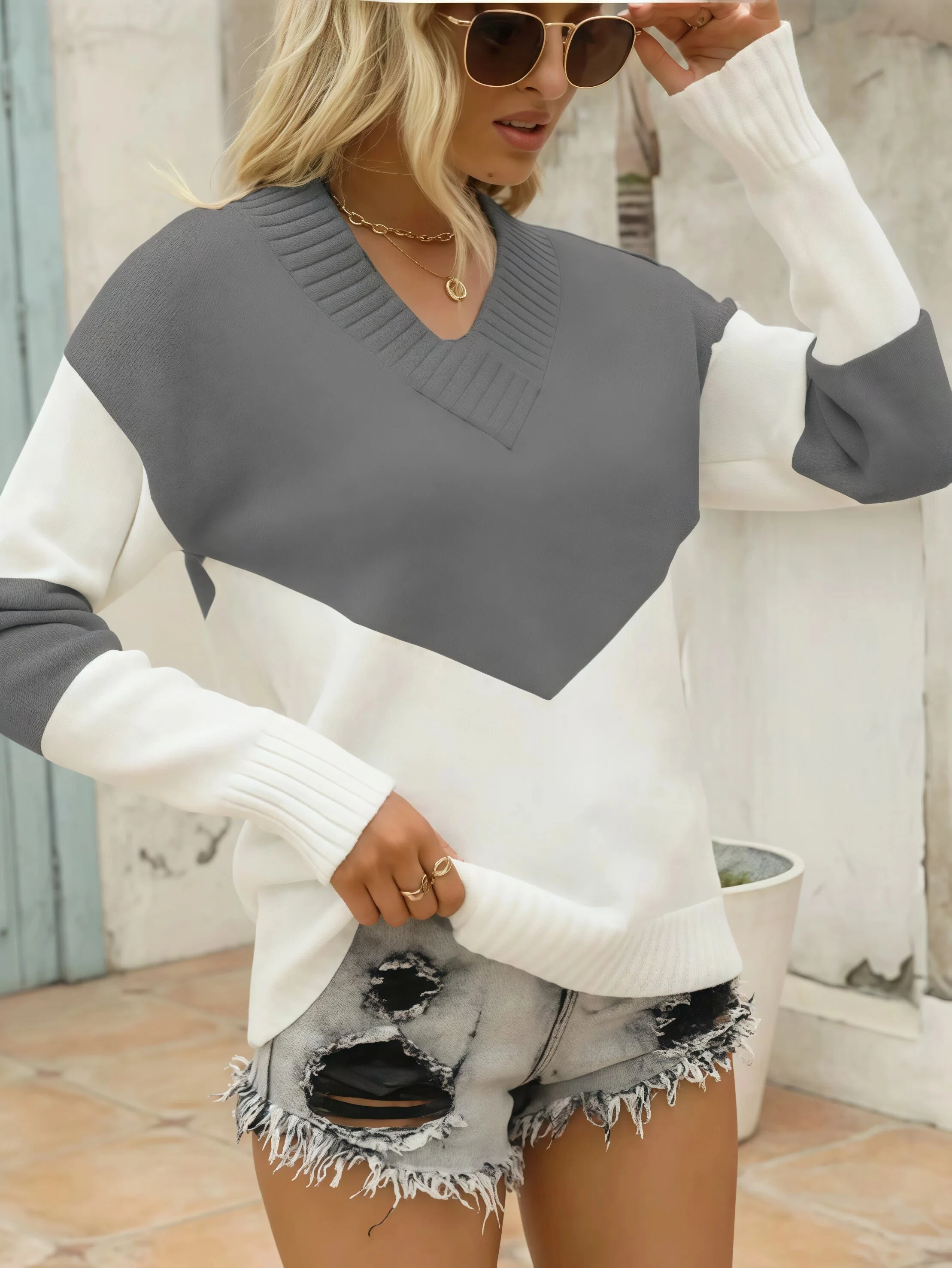 Women Color Block Off Shoulder Knit Sweater V Neck Chevron Stripe Long Sleeve Ribbed Cuff Loose Casual Fall Pullover Jumper Tops 3