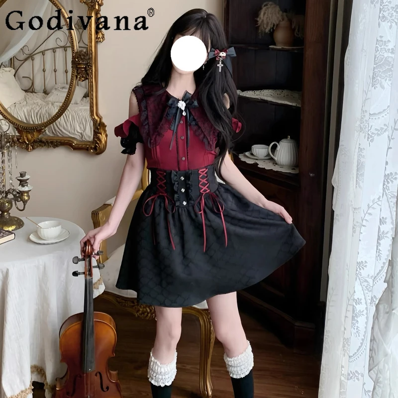 Conjunto de camisa y falda con hombros descubiertos para mujer, Top de subcultura de diseño Original, traje de dos piezas, conjunto producido en masa de estilo japonés