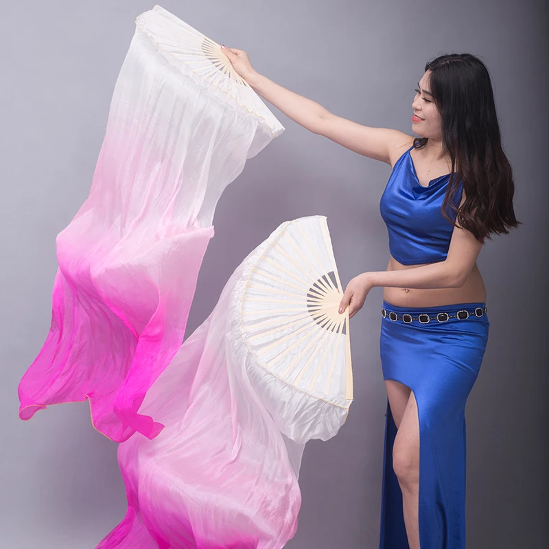 Hot Selling Kid and Women Belly Dancing Fan 1 Pair Gradient Color Dancer Practice Long Real Silk Fan 150/180x90cm Real Silk Fans