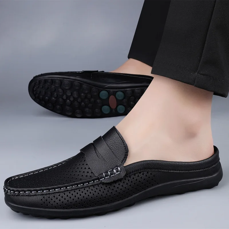 Large size half-drag casual hollow dad leather Doudou shoes men's driving breathable half-drag