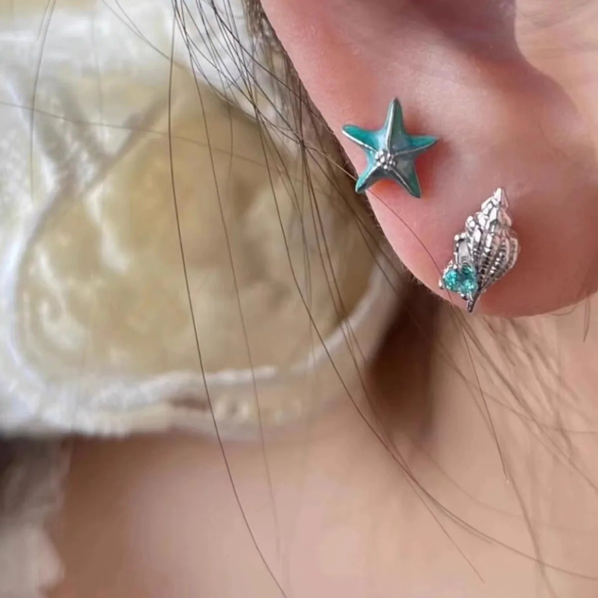 Blue green enamel conch shell earings stud unique ocean elements trend earrings for women silver 925 cute fine jewelry gift