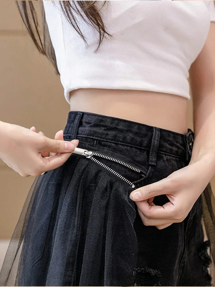 Design Sense Mesh Stitching Women'S Denim Shorts High Waist Raw Edge Fake Two-Piece Wide Leg Hot Pants Korean Women Clothing