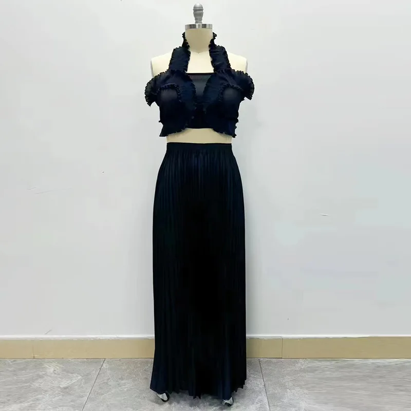 Bustier Hanging Neck Top + High Waist Pressure Pleated Half-body Skirt Set Fashion Tight Women's Suspender Vest Long Skirt Set