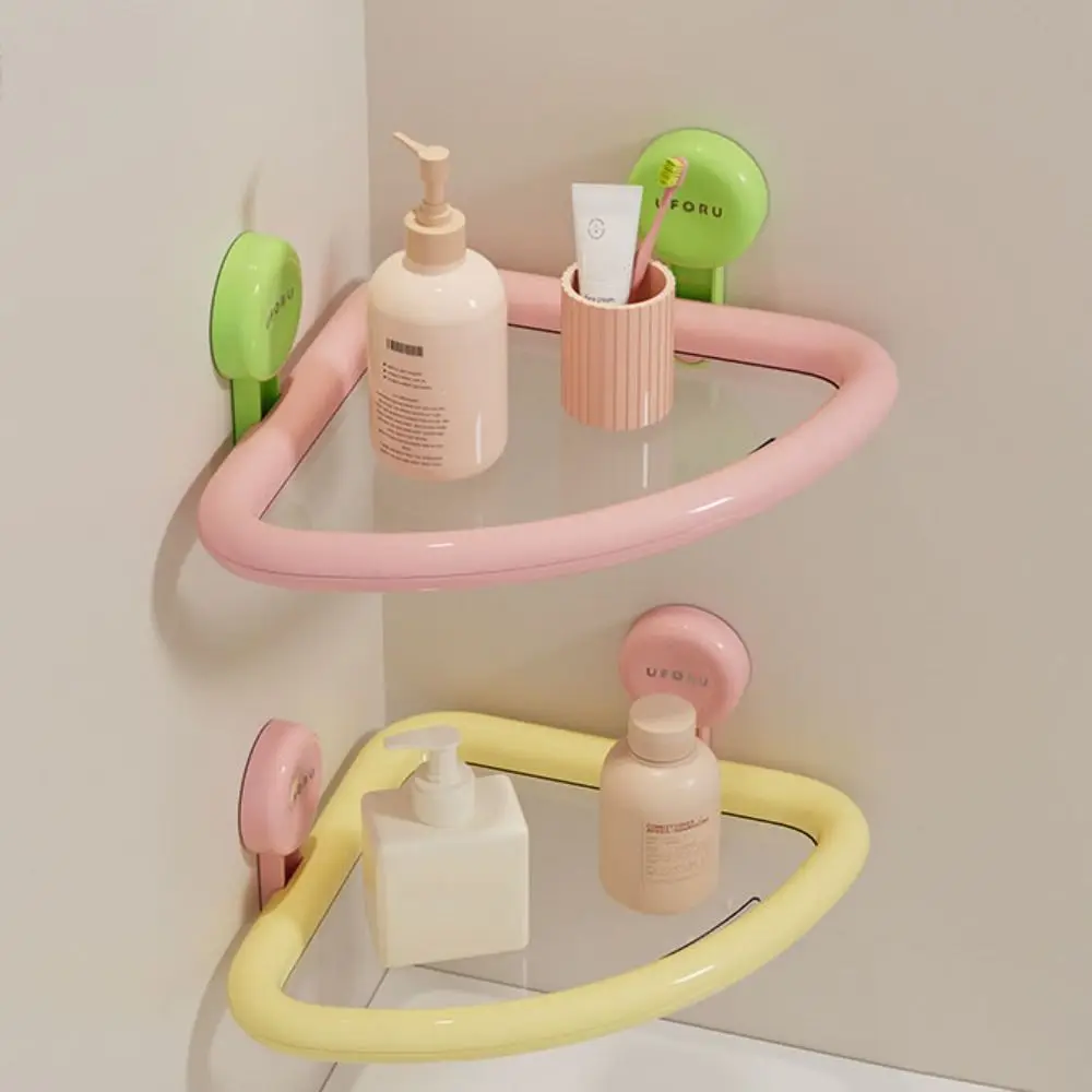 Plastic Suction Cup Triangle Shelf Punch Free Dopamine Color Shower Organizer Wall Mounted Drainable Corner Storage Shelf Home