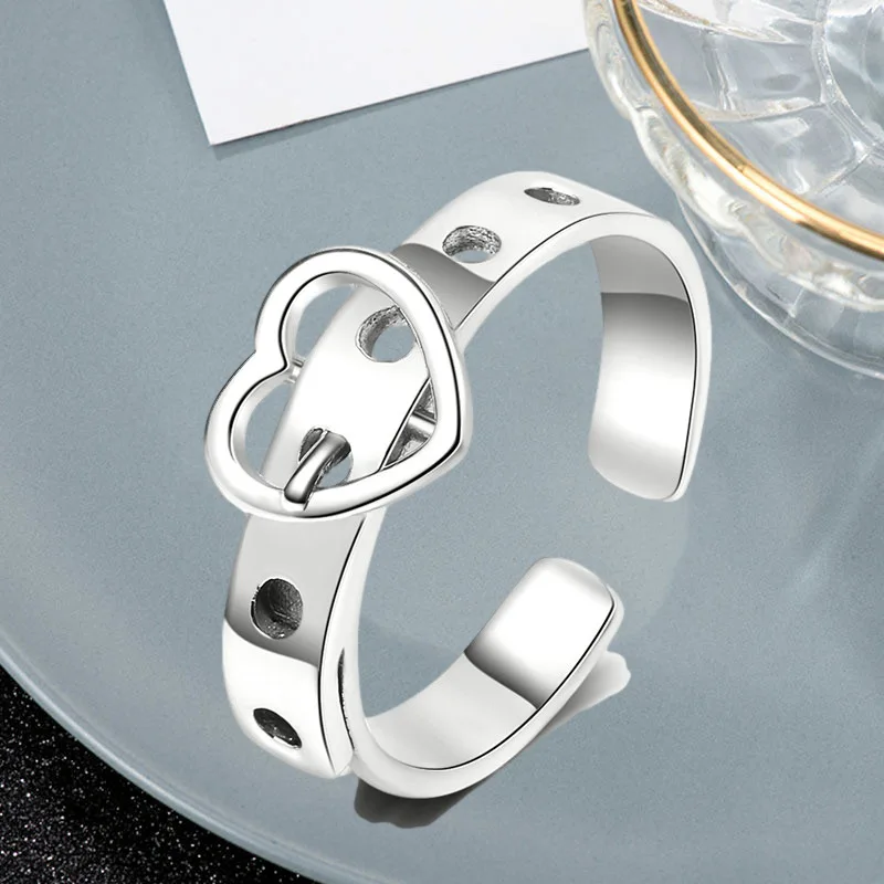 

925 Sterling Silver Heart Belt ​Open Rings For Women Engagement Vintage Luxury Jewelry Accessories Jewellery Argent 925