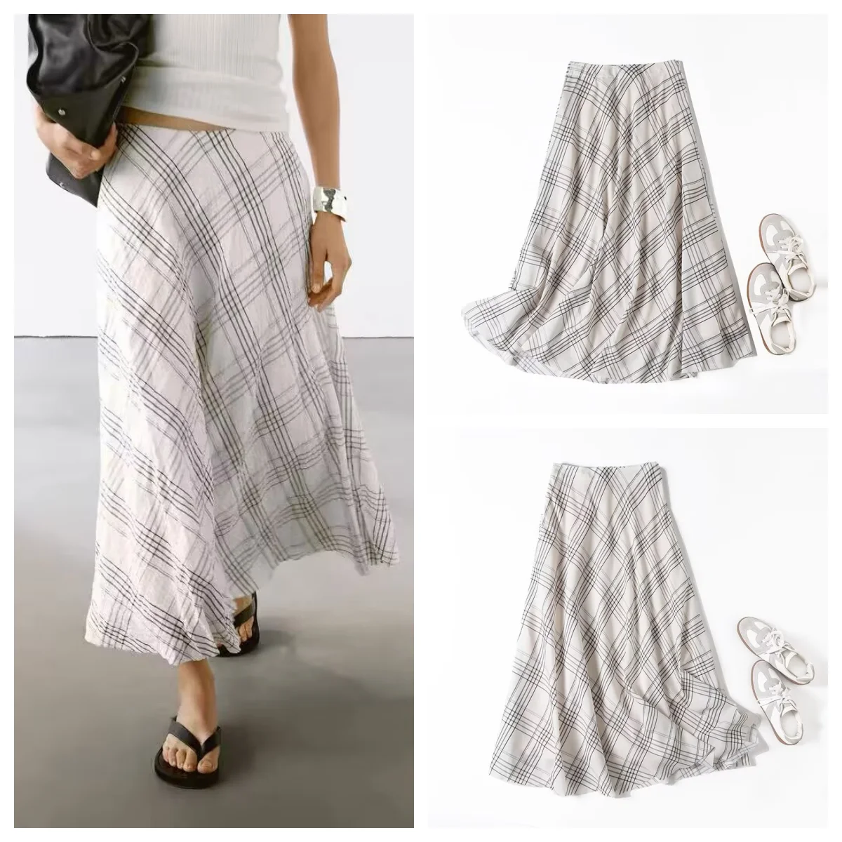 

European and American style 2025 new plaid skirt temperament versatile tulle drape elegant A-line skirt