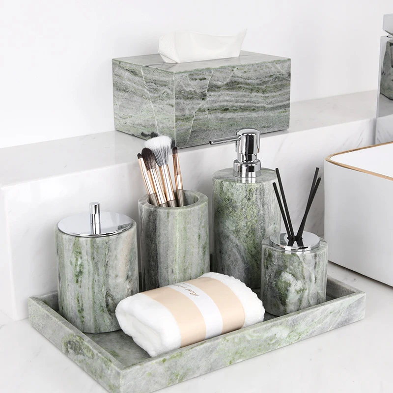 Emerald Green Natural Marble Bathroom Set Luxury Soap Dish Cotton Swabs Jar Reed Diffuser Vanity Tray Bathroom Accessories
