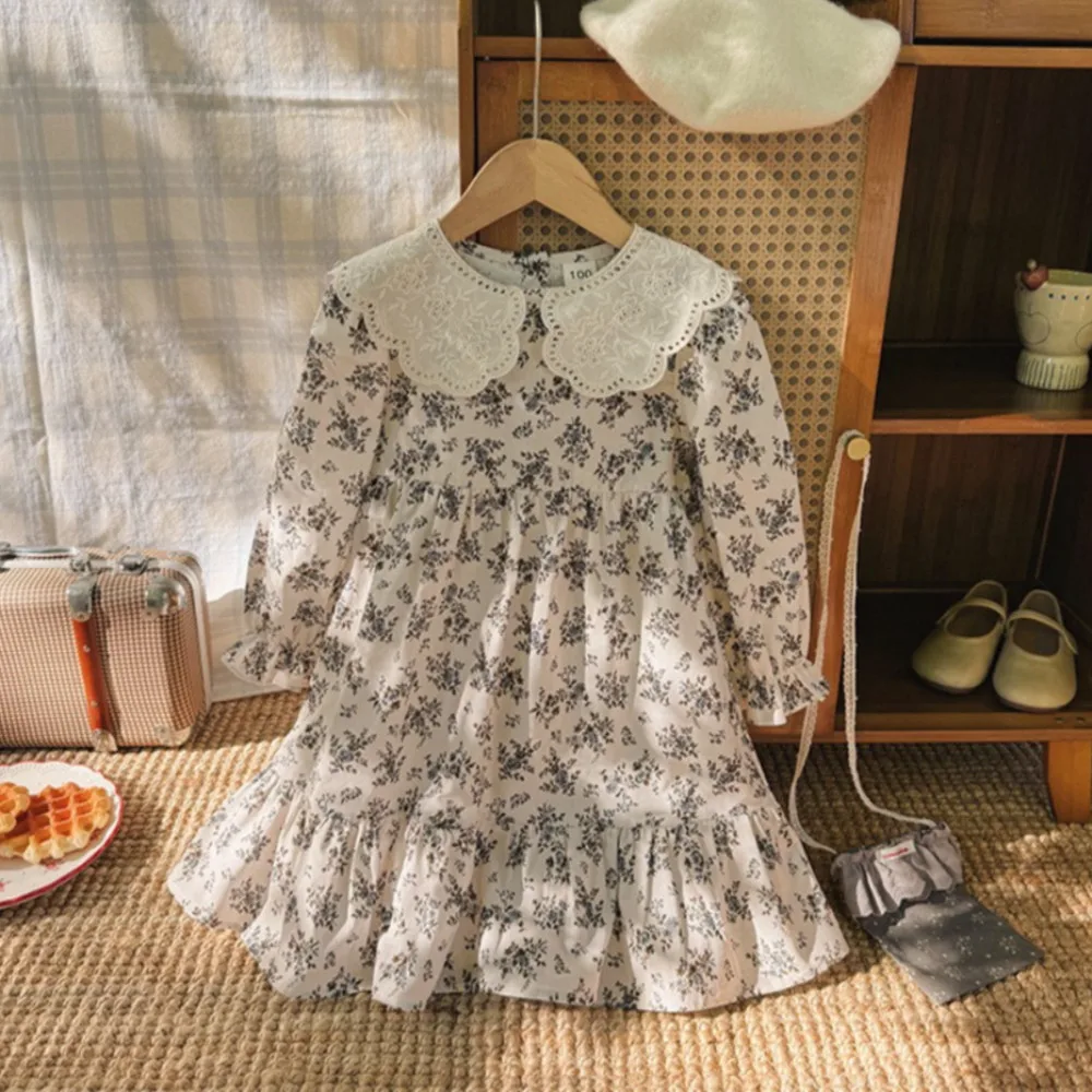 Autumn New 2 3 4 5 6 7-year-old Girl  Casual Flower Print Lapel Long Sleeved Dress Countryside Style Daily Wear