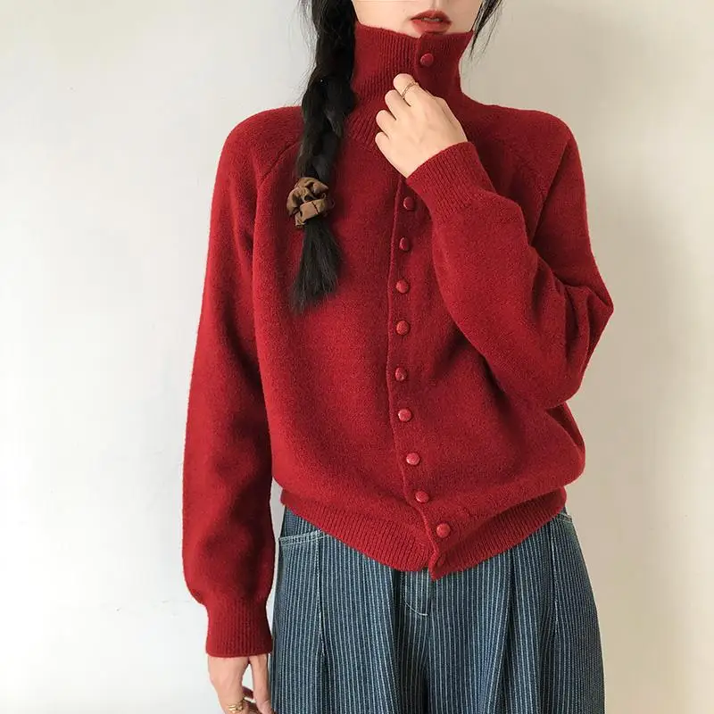 Autumn Winter New Retro High Neck Women Knitted Cardigan  Korean Lazy Style Loose Sweater Jacket Women Clothing