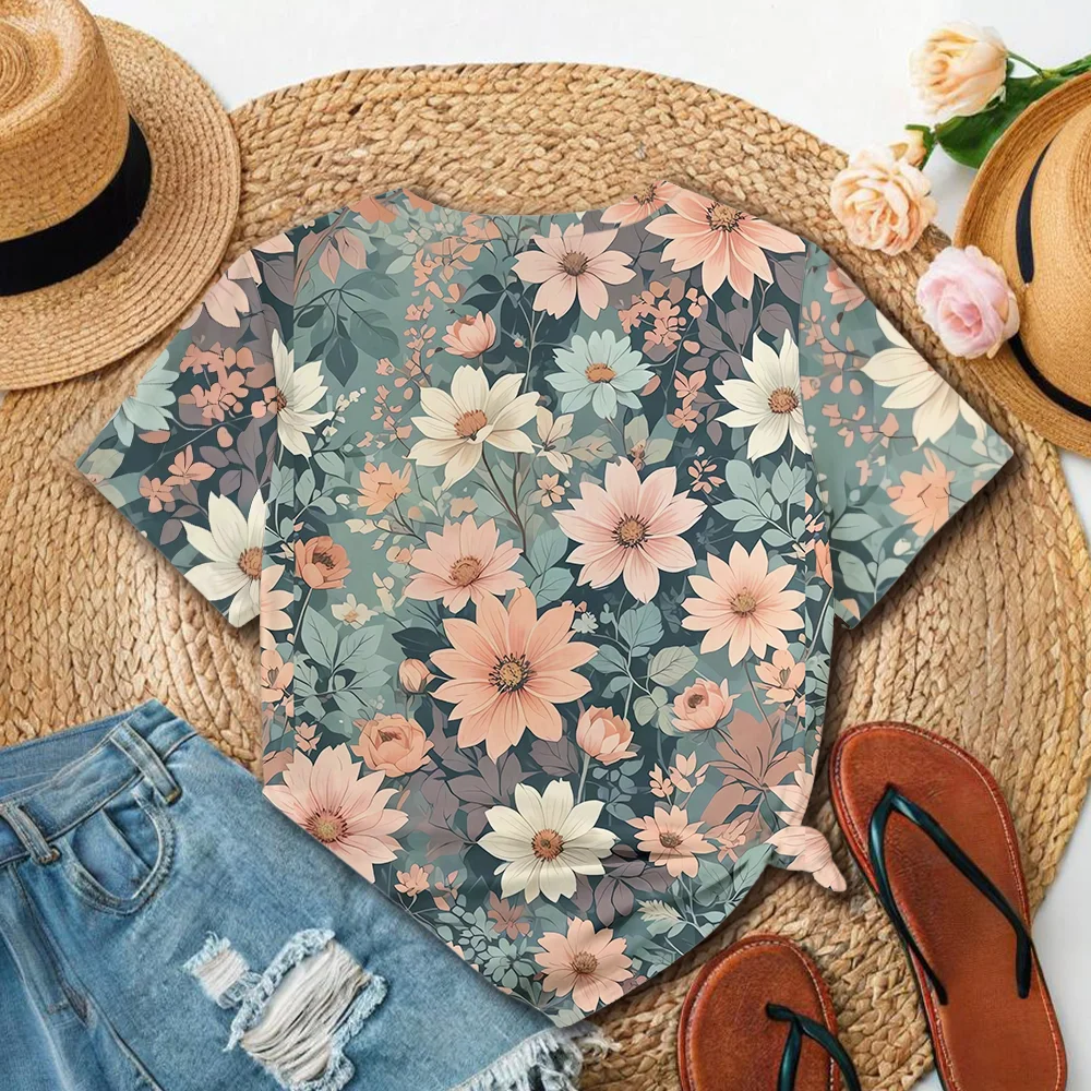 تي شيرت نسائي بطبعة زهور باللون البيج - صيفي كاجوال بنمط عصري ورقبة دائرية وأكمام قصيرة