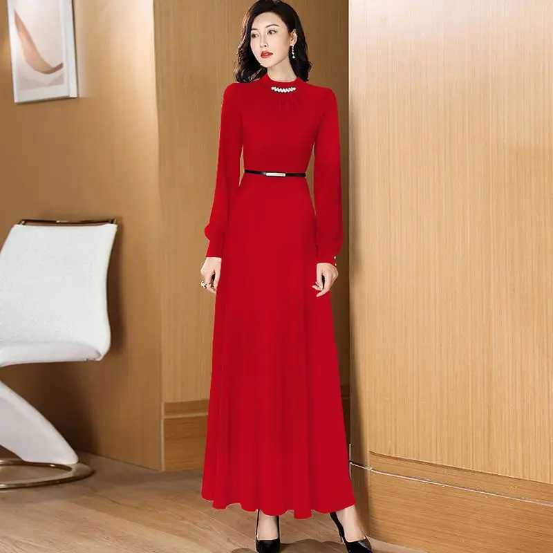 Women Spring Long Sleeved Waist Cinching Slim Over Knee Fashion Temperament High-end Long Style Big Swing Long Sleeves Dresses