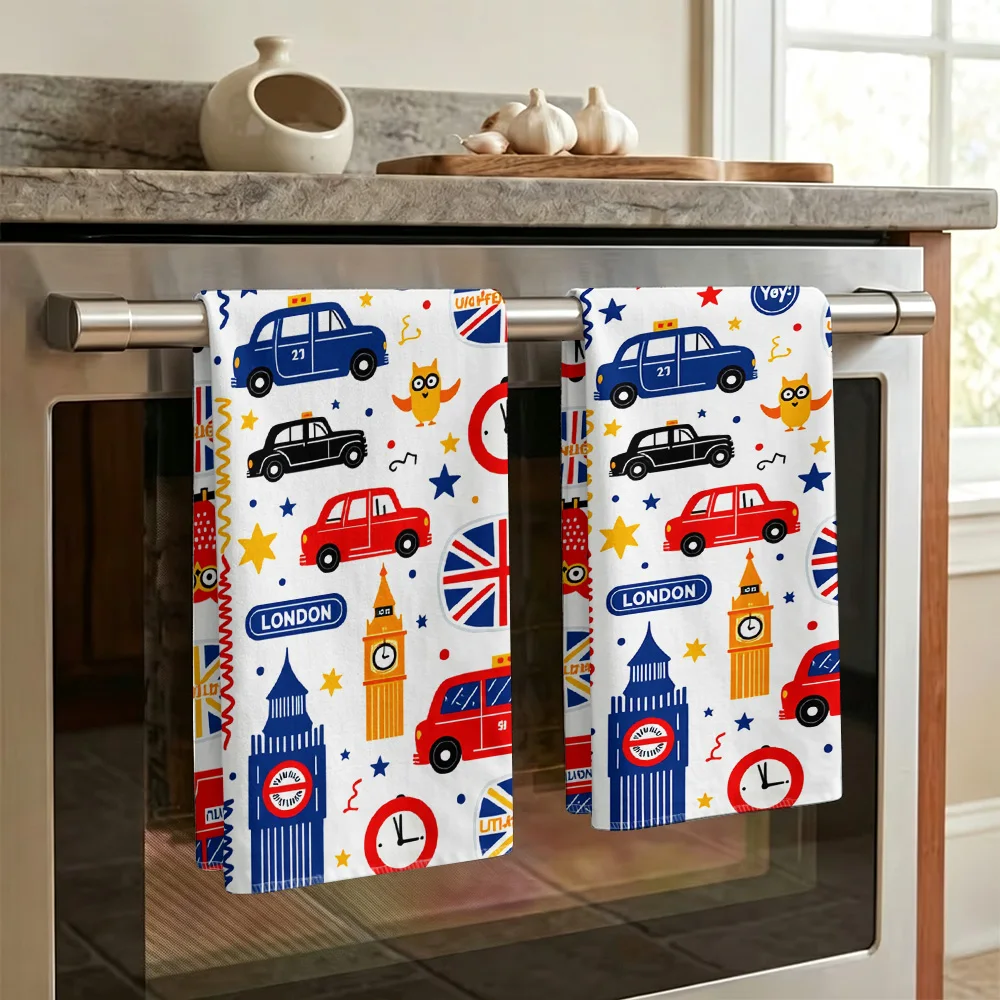 1pc/2pcs London Themed Printed Kitchen Towels-Super absorbent, reusable polyester dishcloths, perfect for home decor, cooking, b