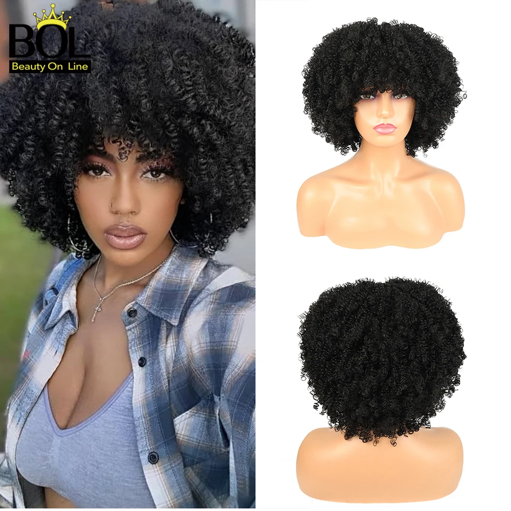 

Synthetic Short Afro Loose Curly Wigs with Bangs 12 Inch Soft Fluffy Synthetic Fiber For Women Natural Party Cosplay Daily Use