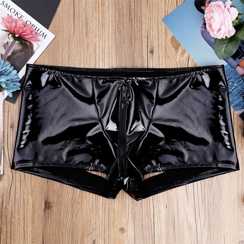 Boxer Briefs Mens Underpants Breathable Comfy Elastic Waistband Knicker Leather Low-rised Trunks Wet Look Backless