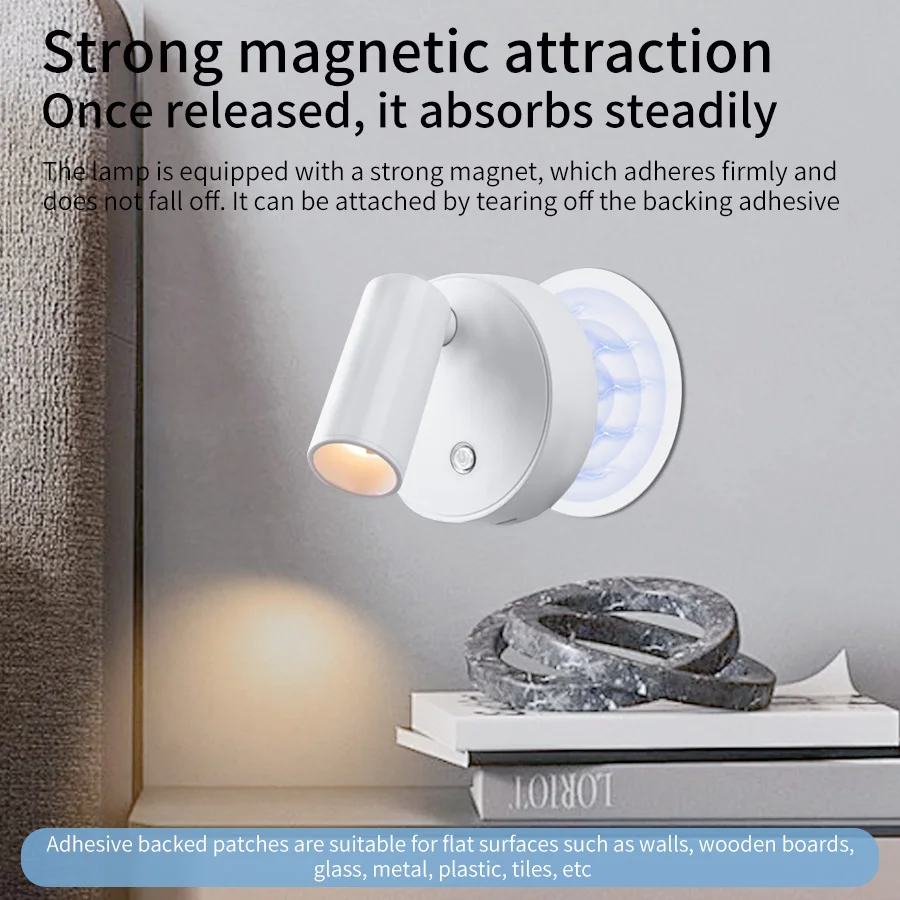 Magnetic LED Wall Lamp USB Rechargeable Touch Switch Wall Lights Spotlight Cordless Dimmable Bedroom Bedside Lamp Reading Light