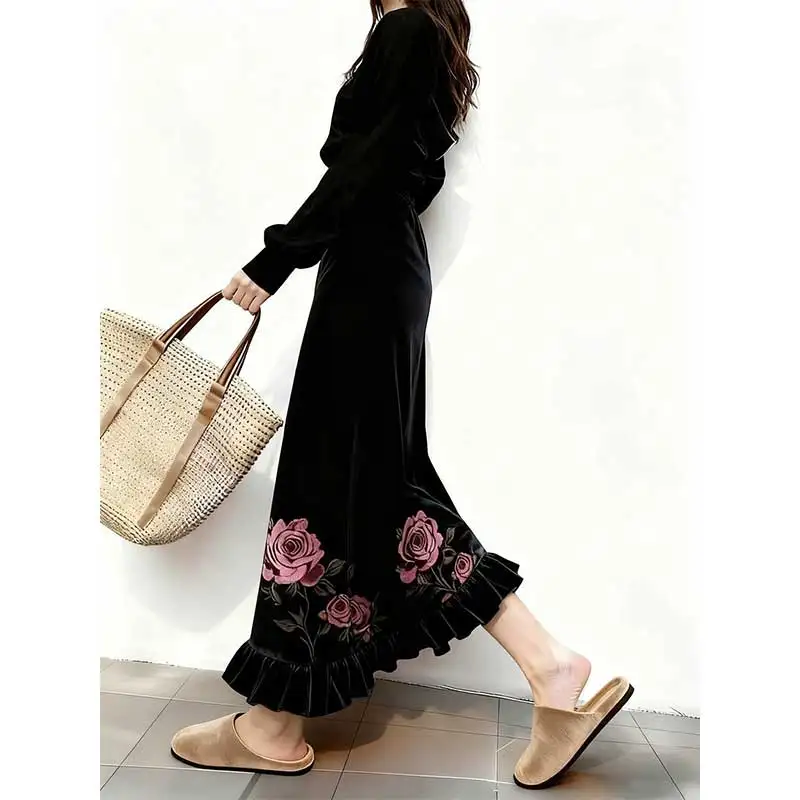

Women Clothes Autumn Winter Fashion Simplicity All-match Printing Solid Color Female Temperament Pleuche High Waist A-line Skirt
