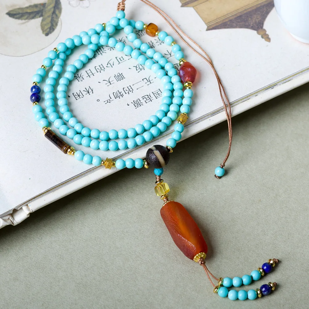 

Magnesite, pine stone, hand woven new Chinese style necklace, antique agate, multi-faceted beads, sweater chain women's necklace