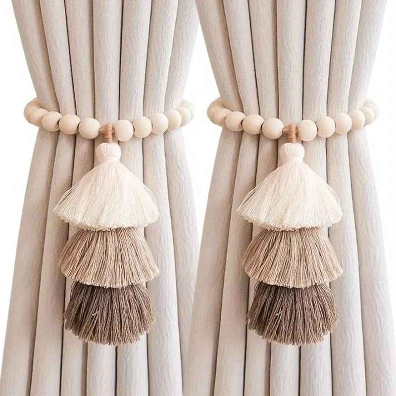 2pcs Bohemian Farmhouse Curtain Ties - Handmade Wooden Bead Curtain Ties for Bedroom and Living Room Home Decor