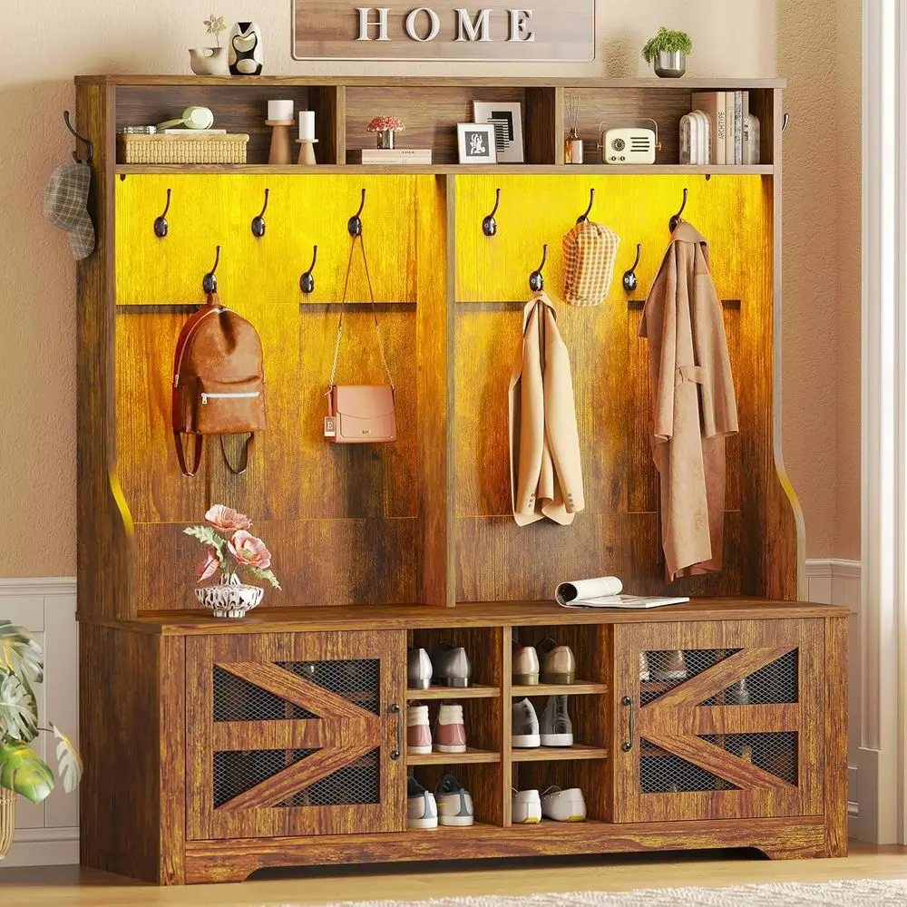 

Скамейка для прихожей 5-в-1 в деревенском стиле, коричневая, с местом для хранения, вешалкой для одежды, отсеками для обуви и крючками