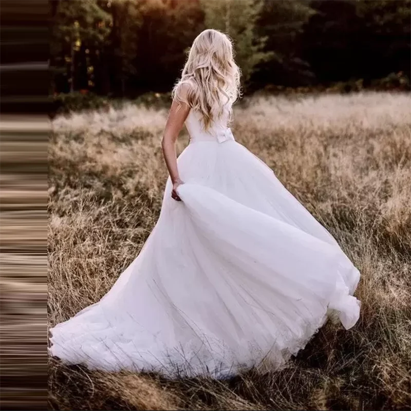 

Open Back A-Line Tulle Bridal Gowns V-Neck Sleeveless Boho Country Wedding Dresses Bow Belt Simple Satin Robes de Mariee