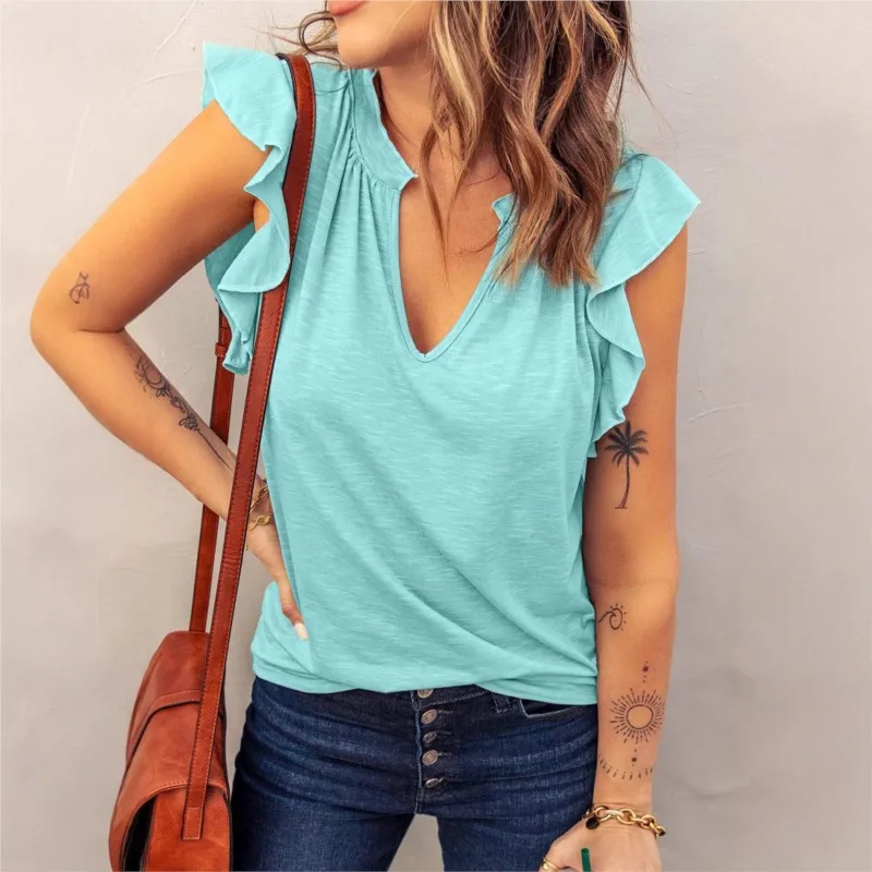 

Женская весенне-летняя новая коллекция, однотонная модная свободная футболка с v-образным вырезом и короткими рукавами, женская футболка с короткими рукавами
