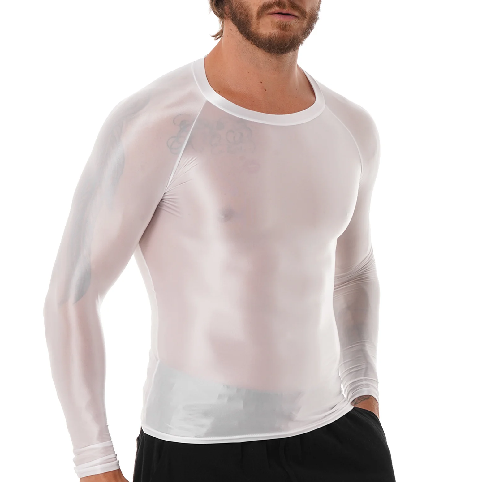 Men's Clothing Glossy O Neck Long Sleeve T-shirt Solid Color Slim Fit Breathable Shirt Tops Gym Jogging Yoga Sportwear