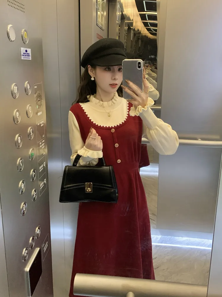 

2024 New Autumn and Winter High-end Advanced Designed Knitted Dress Slimming Fake Two Piece Thickened Women's Sweater Dress