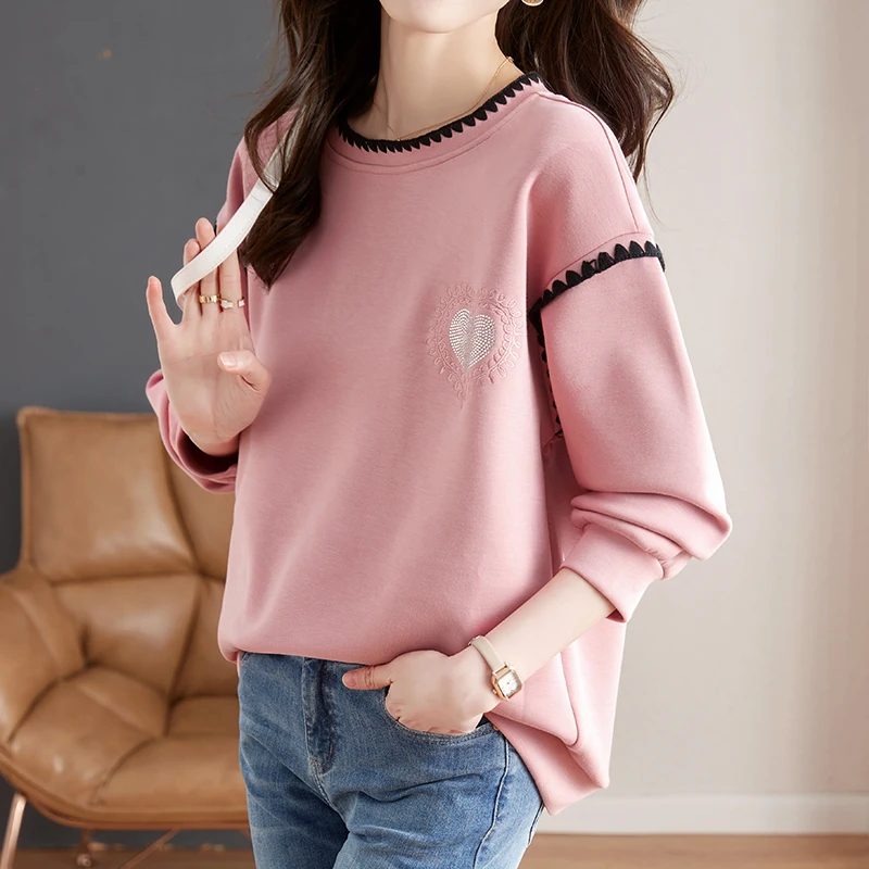 Fashion Embroidered Beaded Loose Casual Sweatshirts Women 2024 New O-Neck Pullovers Long Sleeve Tops Lantern Sleeve Jumper Girls