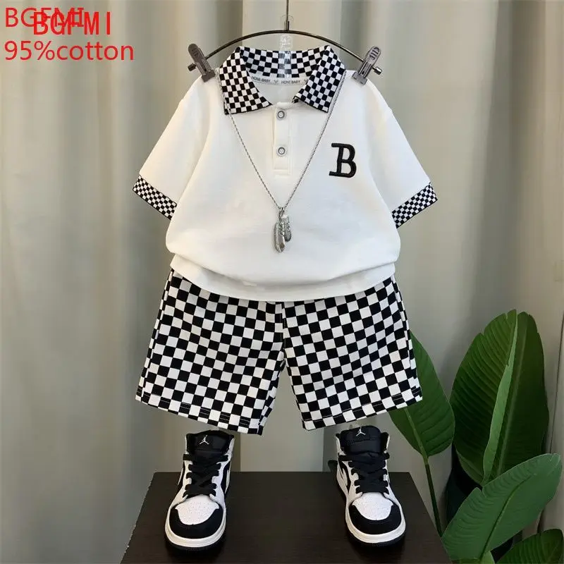 Korean Teenage Boy Summer Plaid Kids Suit Baby Children New Polo Set Thin Short Sleeves Patchwork Shirt +Shorts 2 Pc Casual Suit