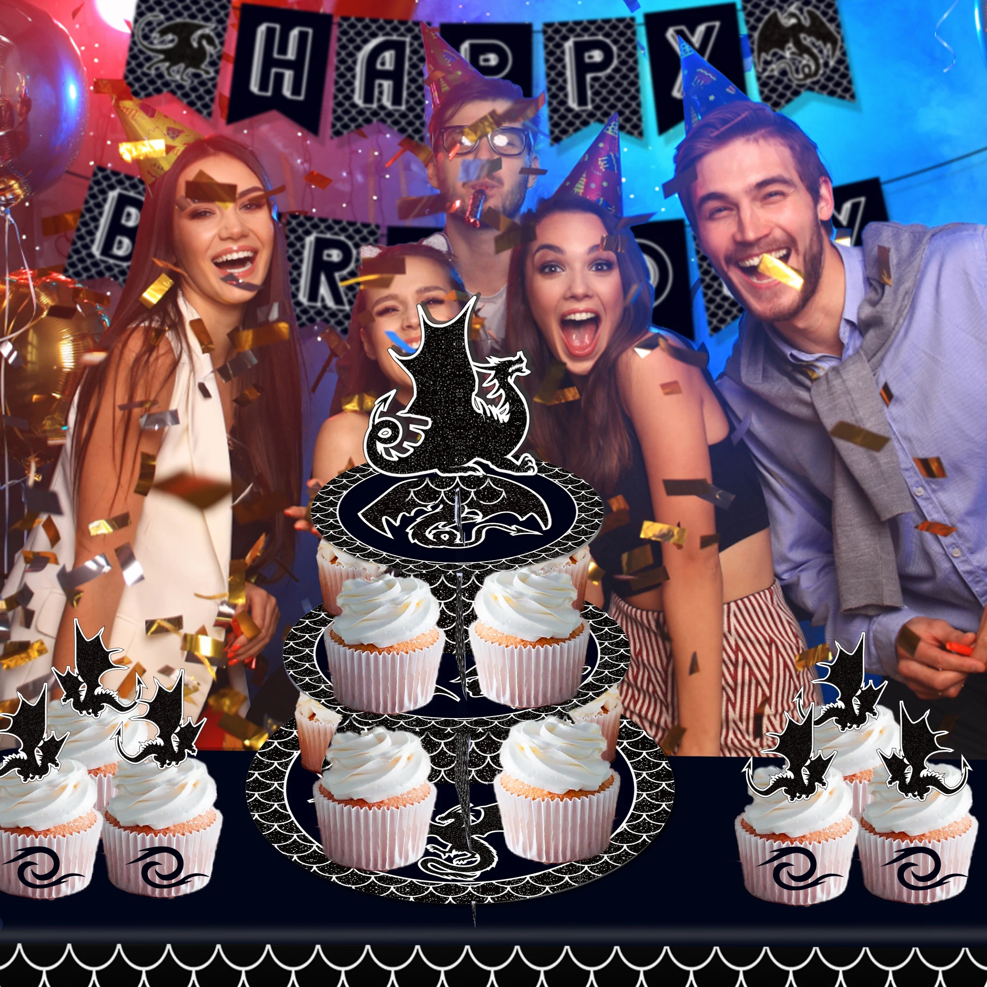 3 Tier Black Dragon Party Cake - đánh giá và giá Cupcake Stand Tier