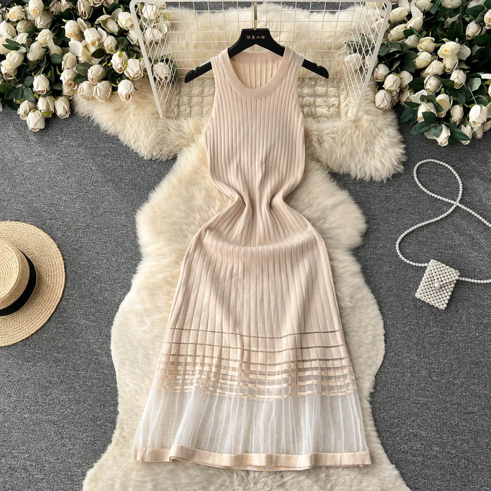 Fashion Patchwork Knitted Long Sundress Women Sleeveless Mesh Elastic Bodycon Dress 2024 Streetwear A Line Midi Dress