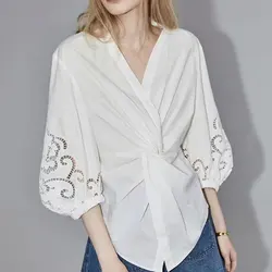 Elegant Vintage Embroidery Hollow Out Shirt Solid Color Women's Clothing Casual V-Neck Spring Summer Fashion Folds Waist Blouse