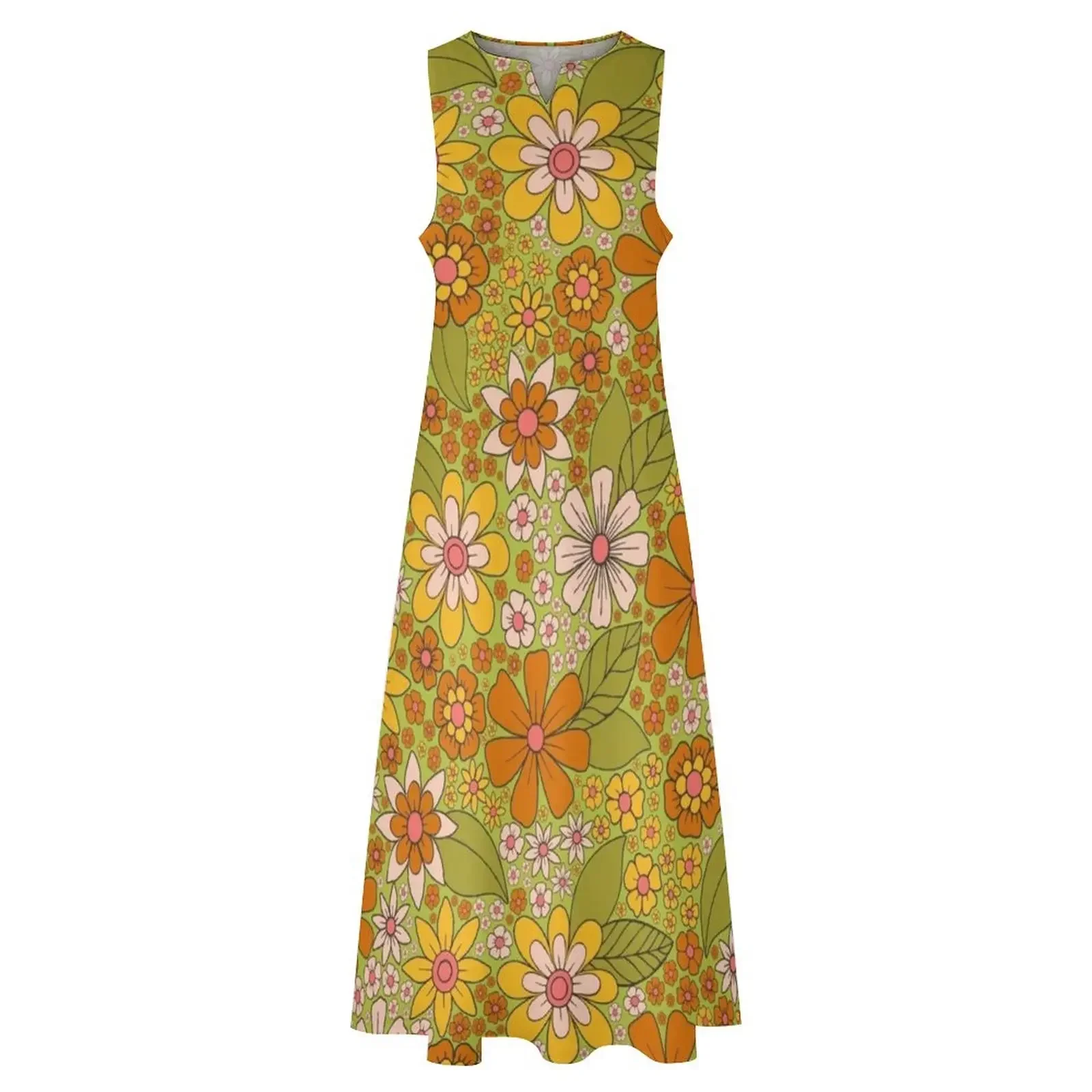 1960s, 1970s Retro Floral in Green, Pink & Orange - Flower Power Long Dress summer dresses dress women summer 2025 Dress