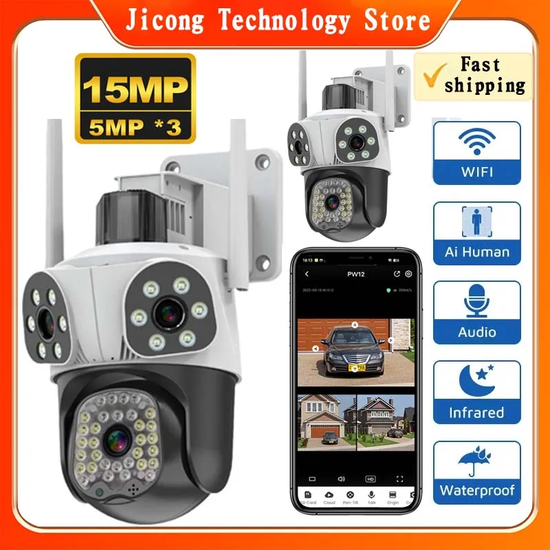 

8K 15MP Three Screen WiFi Camera Outdoor HD IP CCTV Auto Tracking Security-Protection 4X Zoom 360°Outdoor Surveillance Camera