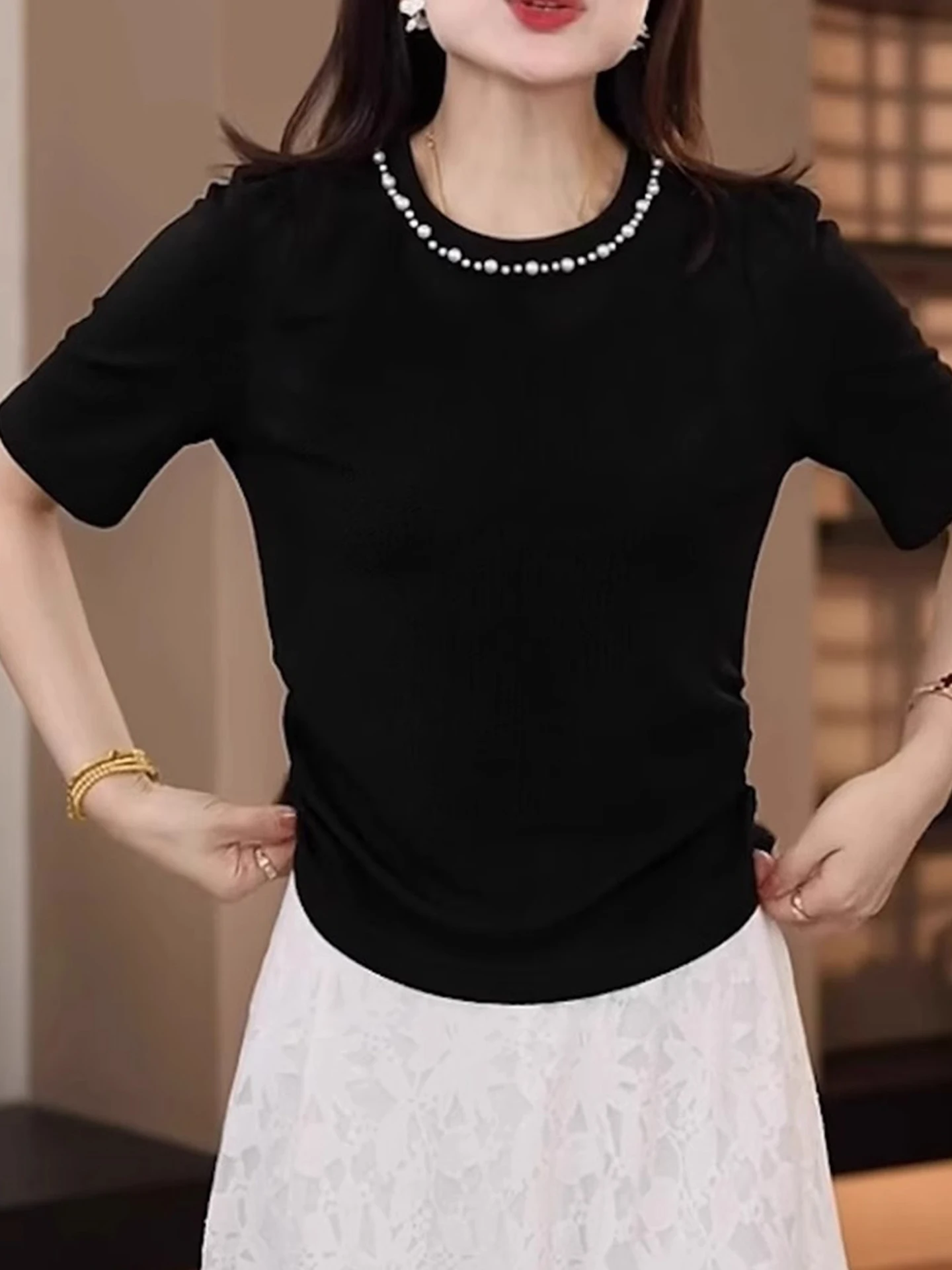 Cseta de Manga Curta com Decote Redondo e Design E em Cor Sólida, Sensação de Verão 2025, Estilo de Trabalho, Cs...