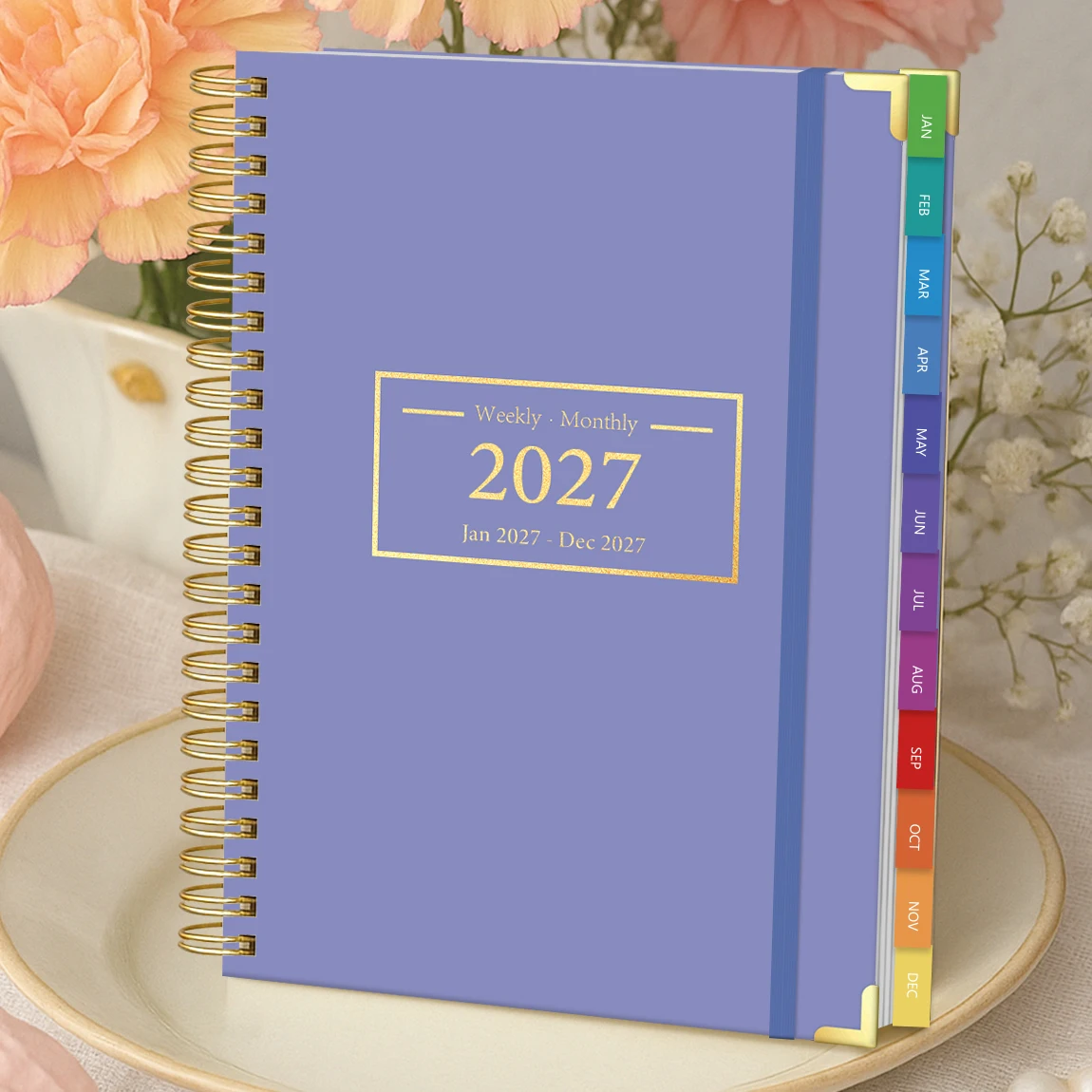 1PC 2027 A5 Spiral Planner Notebook, Purple Yearly Calendar with Stickers & Tabs for School, Office & Daily Planning
