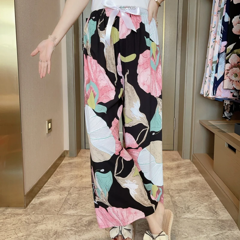 Full Floral Print Viscose Wide-Leg Home Pants Women Summer Autumn Loose Drape Mopping Anti-Mosquito Straight Casual Pants Pajama