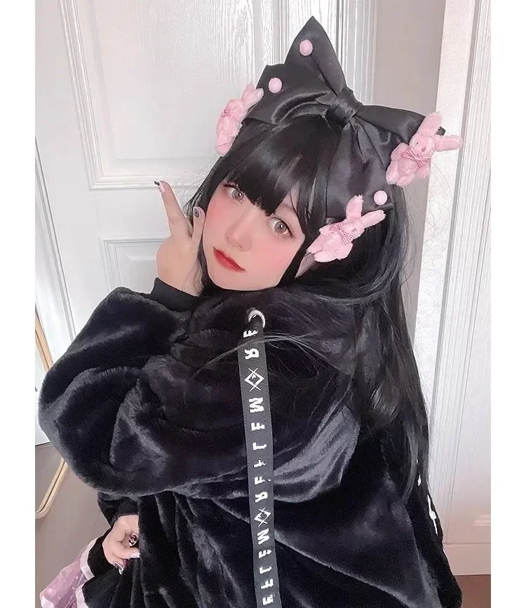 Japanese Girl Sweet Cute Plush Furry Jacket Women Autumn Winter Loose Mid-length Rabbit Ear Quilted Faux Fur Coats Zip Top Mujer