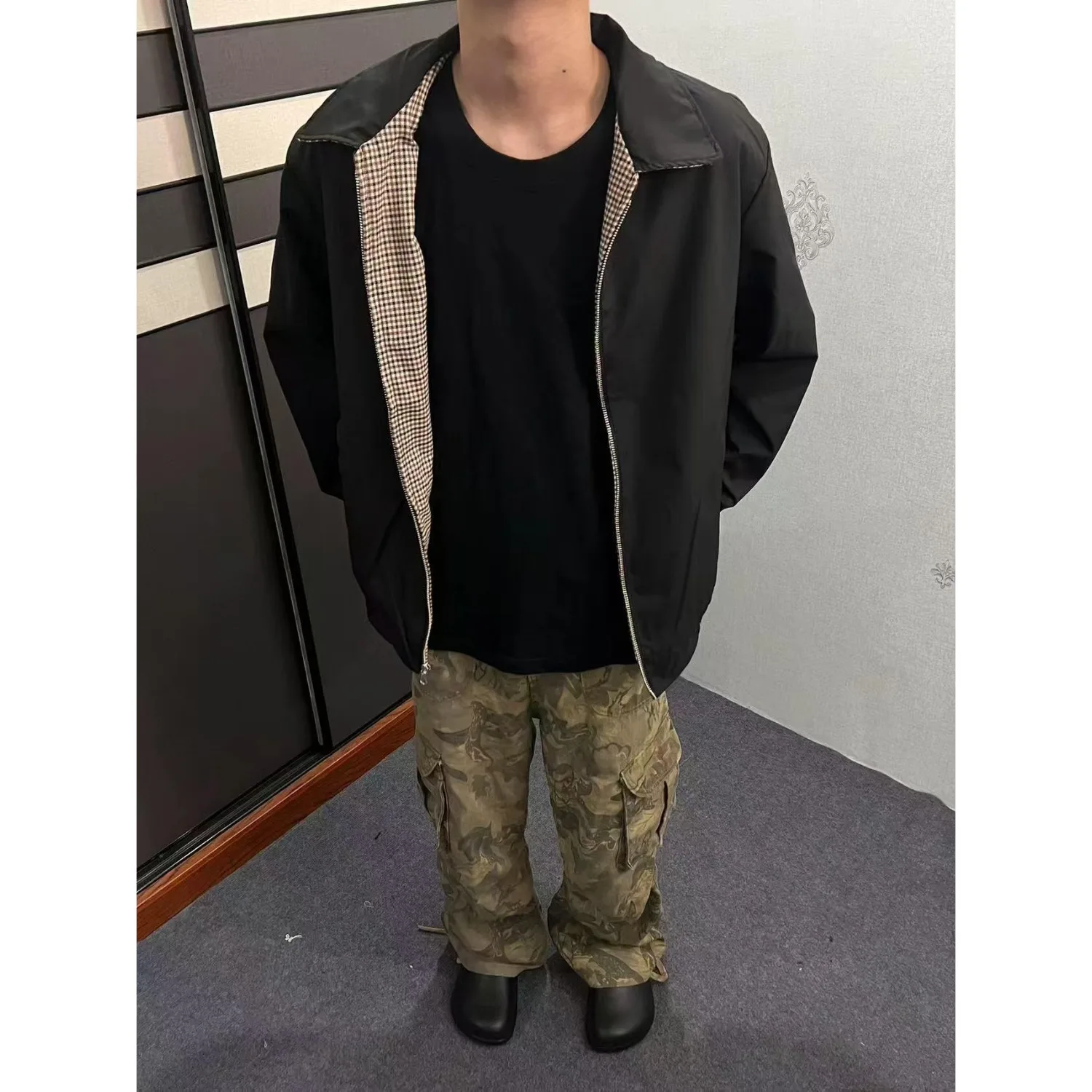 

Двусторонняя мужская куртка-бомбер для осени и зимы, большие размеры, 250 Pou, американская модель Харрингтон, в клетку, двусторонняя куртка-пальто